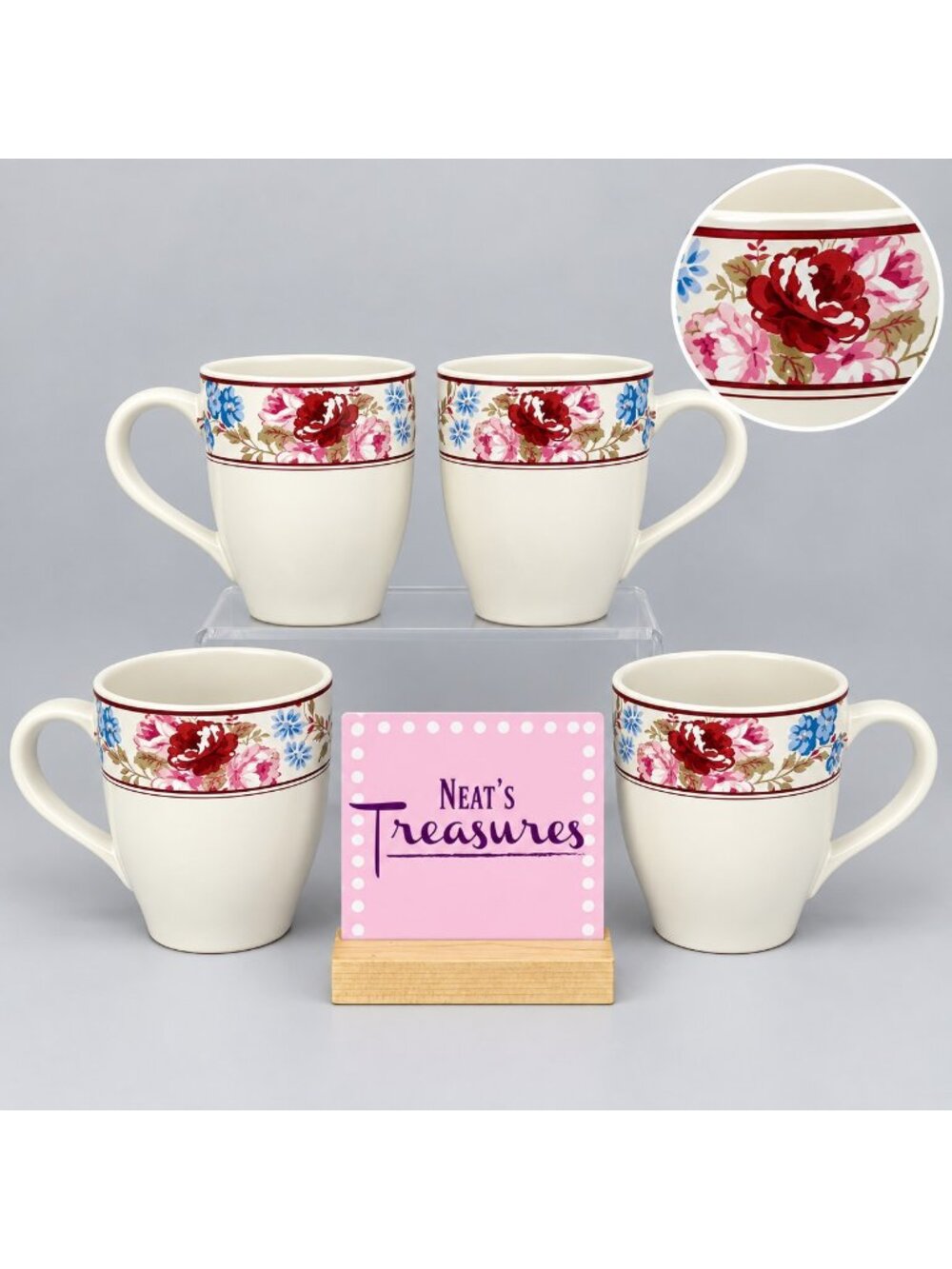 Country Living CUJ1 Center Red Rose Dot Stoneware White 16 oz Cups Mugs Set 4